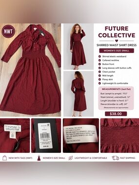Future Collective Smocked Waist Midi Shirt Dress – NWT – Women’s Small